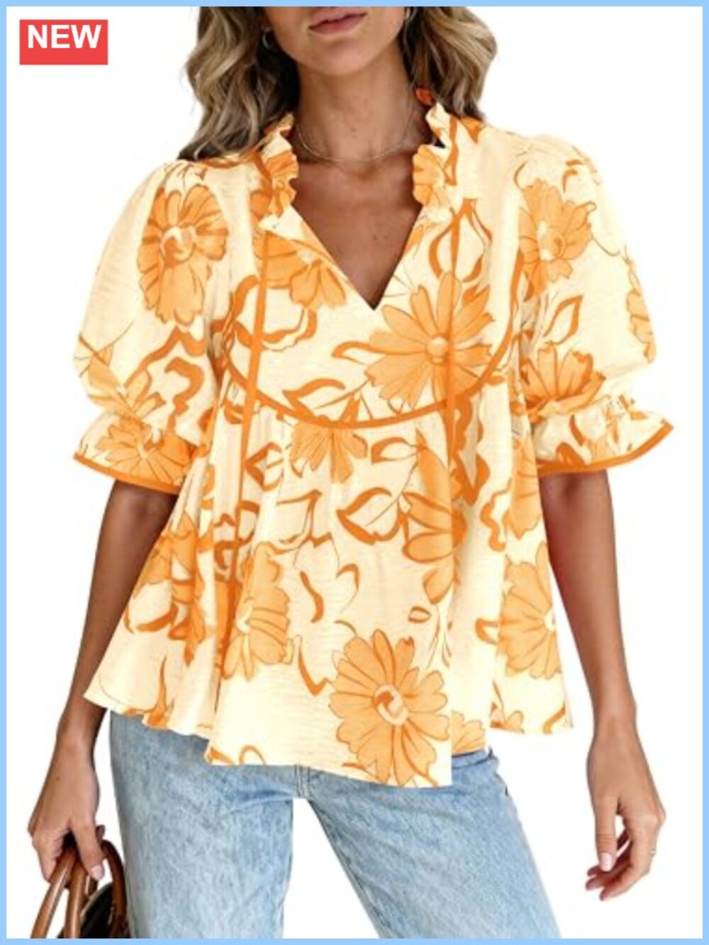 Boho Floral Babydoll Tunic Top V Neck Puff Sleeve Loose Fit
